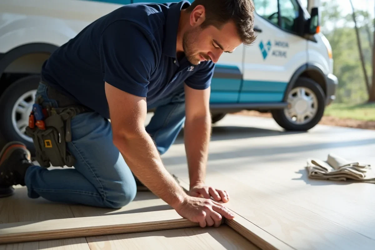 Technician checking floor flatness with straightedge before clicking luxury vinyl planks together