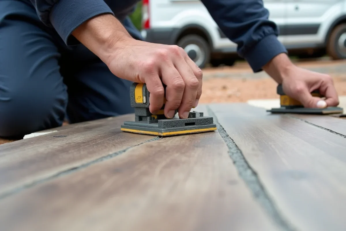 Hands locking rigid core SPC luxury vinyl plank into place with tapping block in Atlanta