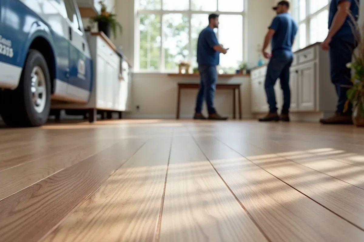 Finished waterproof wood-look luxury vinyl plank flooring across Atlanta living room and kitchen