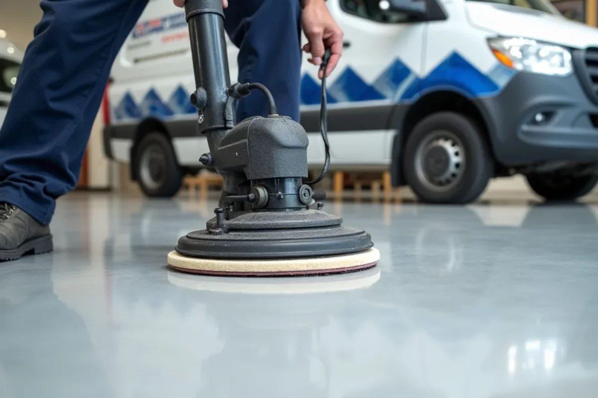 Technician high-speed burnishing polished concrete slab with diamond-impregnated pad in an Atlanta retail showroom