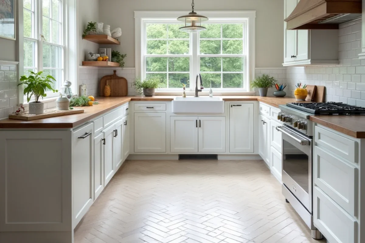 Custom porcelain herringbone floor tile in a renovated Brookhaven kitchen