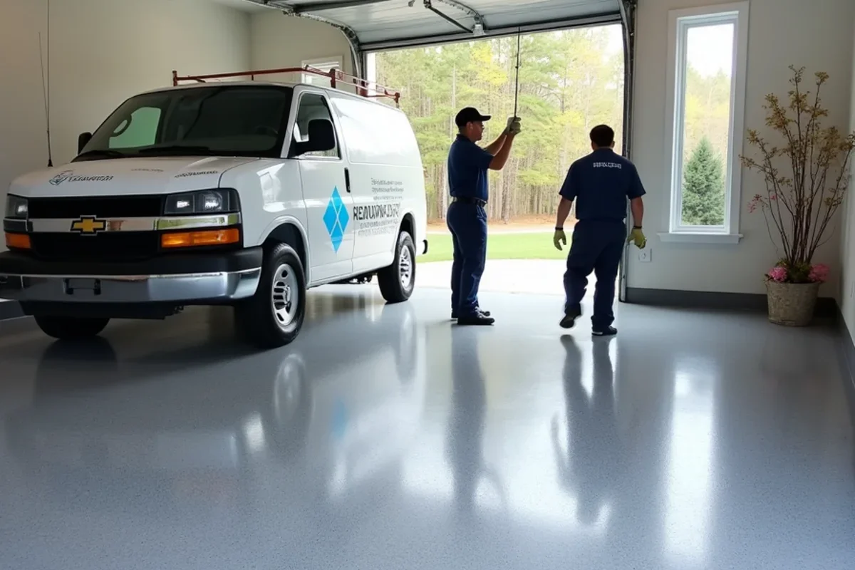 Completed gray flake garage floor coating in a Brookhaven residential garage