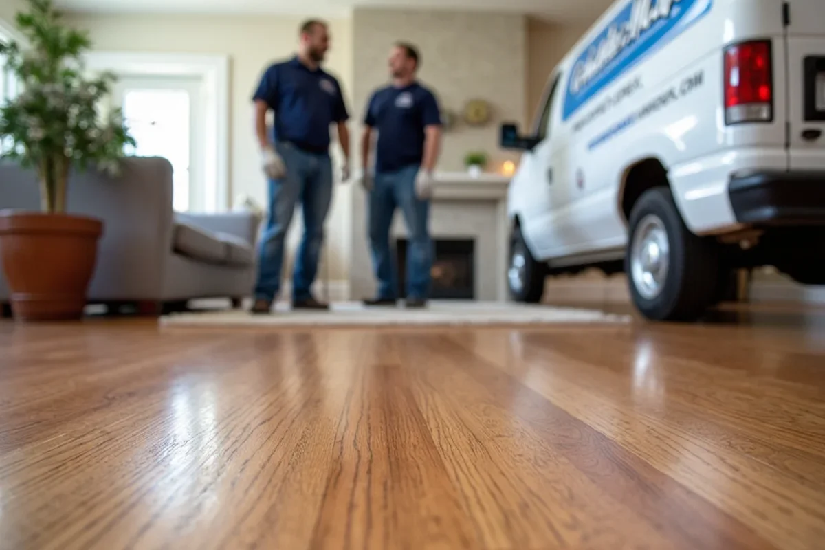 Completed refinished red oak hardwood flooring in a Candler-McAfee living room