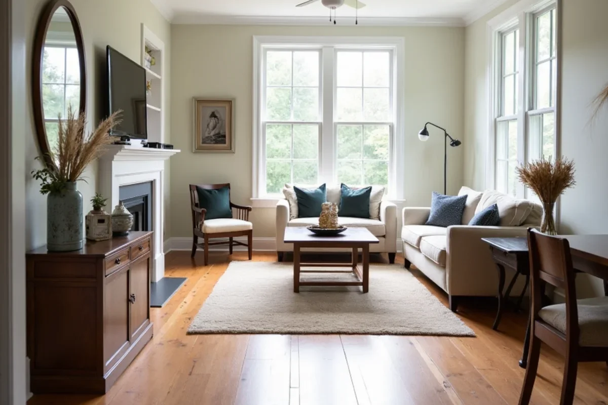 Finished restored heart-pine hardwood living room in a historic East Point home