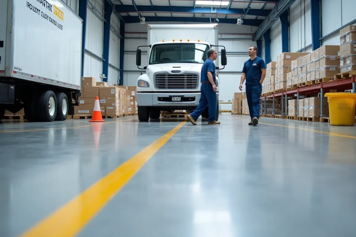 Heavy duty epoxy floor coating and aisle striping in a Gillem Logistics warehouse in Forest Park