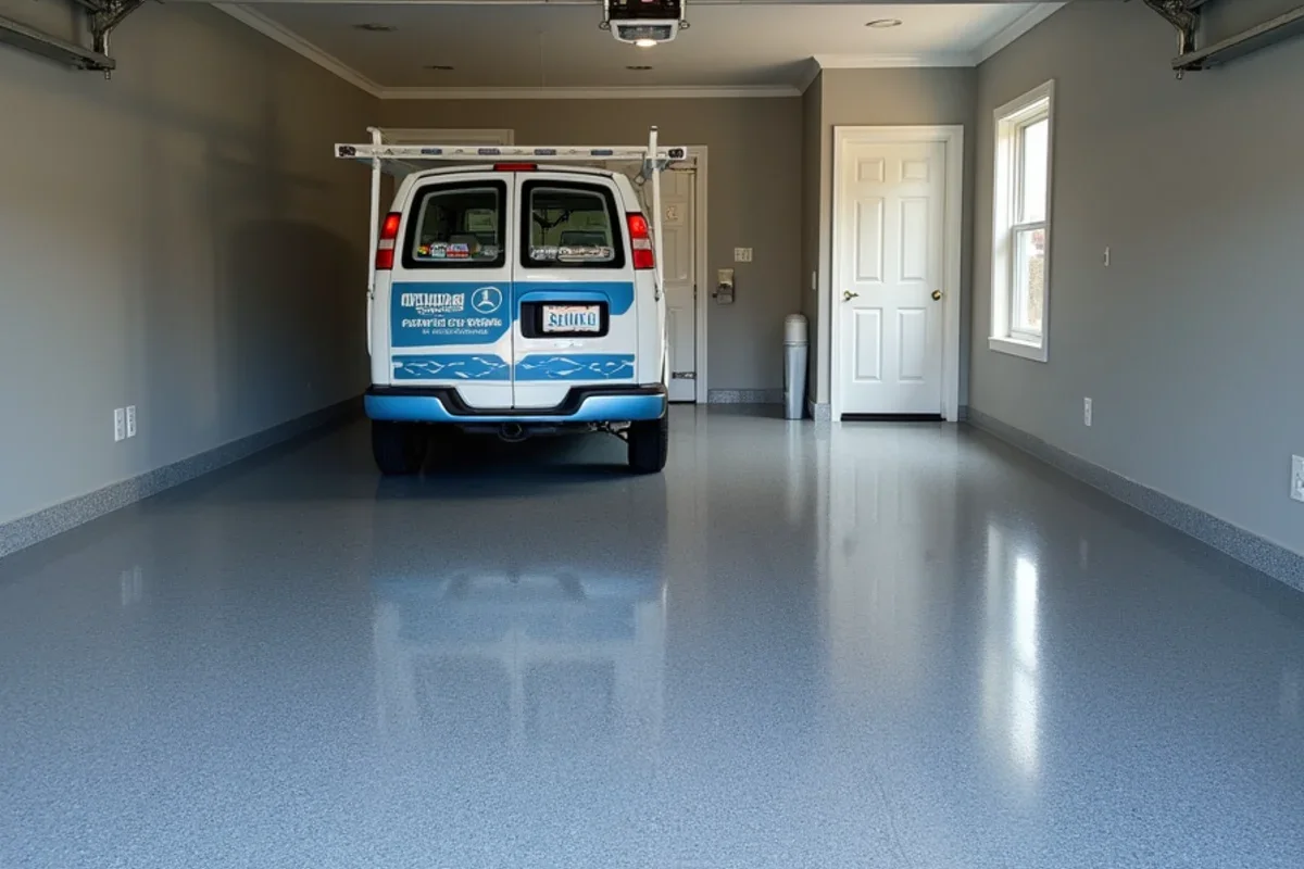 Full broadcast flake epoxy garage floor coating in a Fulton County residence