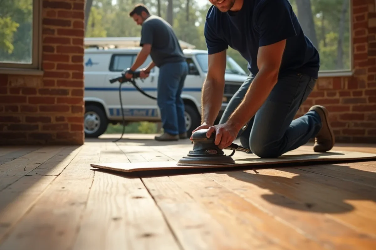 Multi-pass dustless hardwood floor sanding with HEPA air filtration in a North Druid Hills mid-century brick ranch near Emory