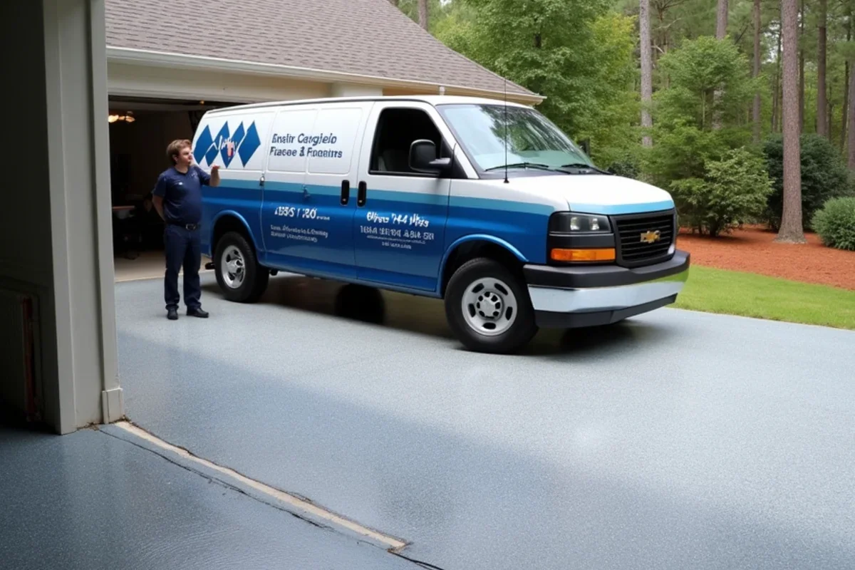 Commercial flake epoxy garage floor coating in a Riverside Sandy Springs residence
