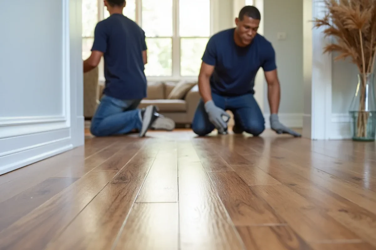 Completed hardwood floor installation with white baseboards in an open Smyrna home