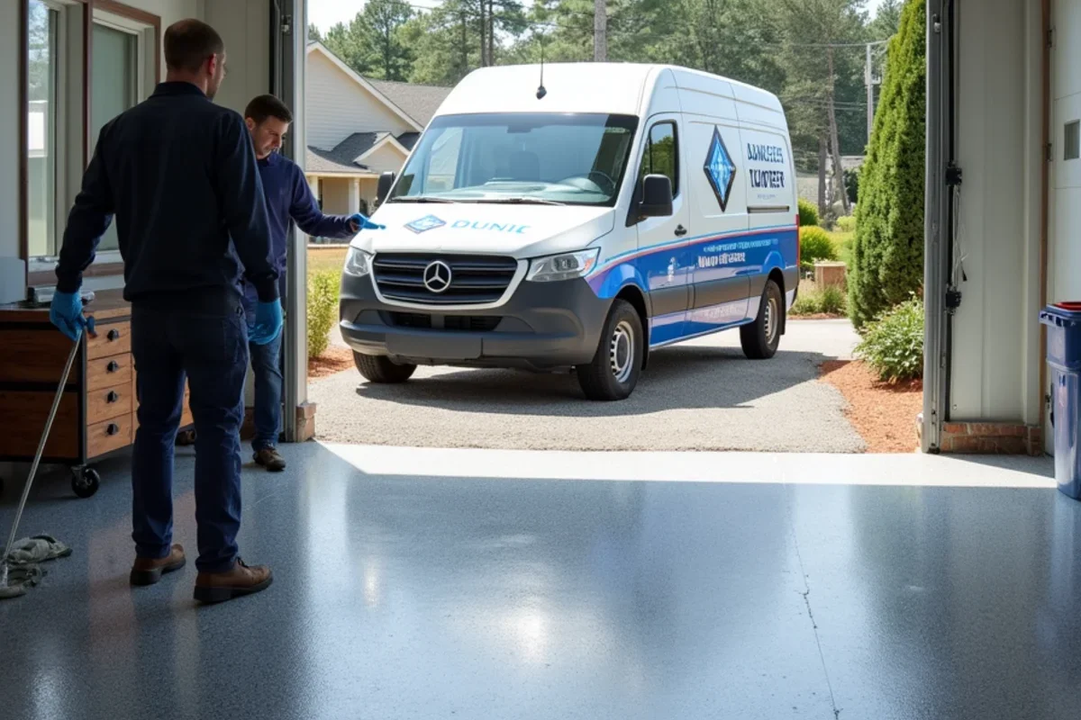 Diamond-ground flake epoxy garage floor in a South Fulton subdivision