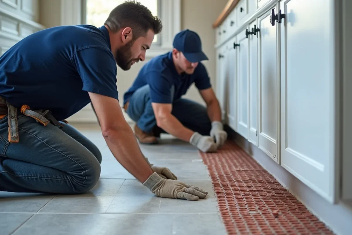 Installing electric radiant floor warming heating wire under bathroom tile in Atlanta