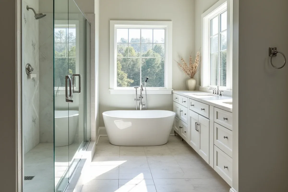 Finished master bathroom with non-slip textured porcelain floor tile and curbless shower