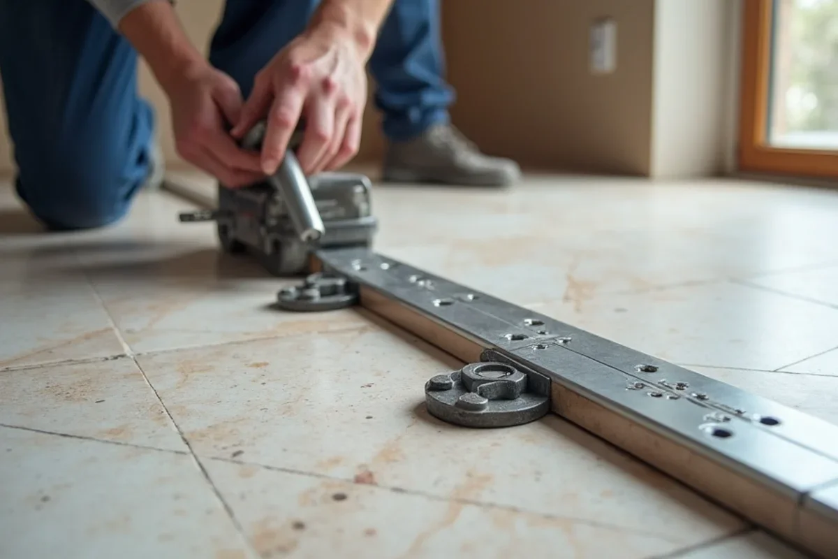 Mechanical tile leveling clips and wedges aligning 24x48 porcelain floor tiles flush in an Atlanta residence