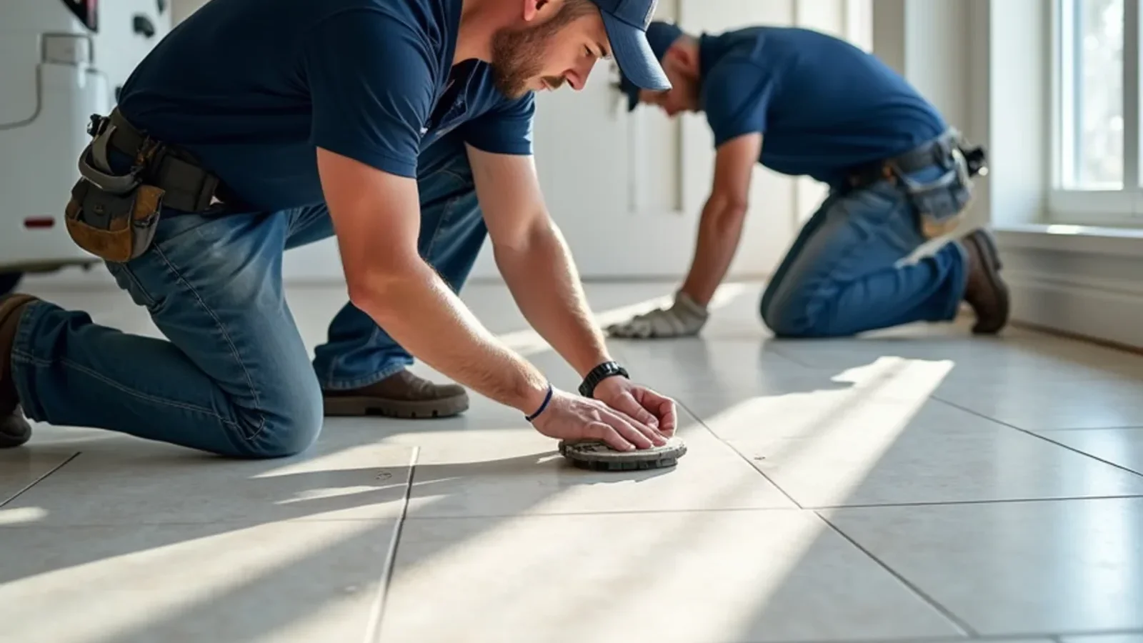 Large format porcelain floor tile being set with leveling clips in an Atlanta home